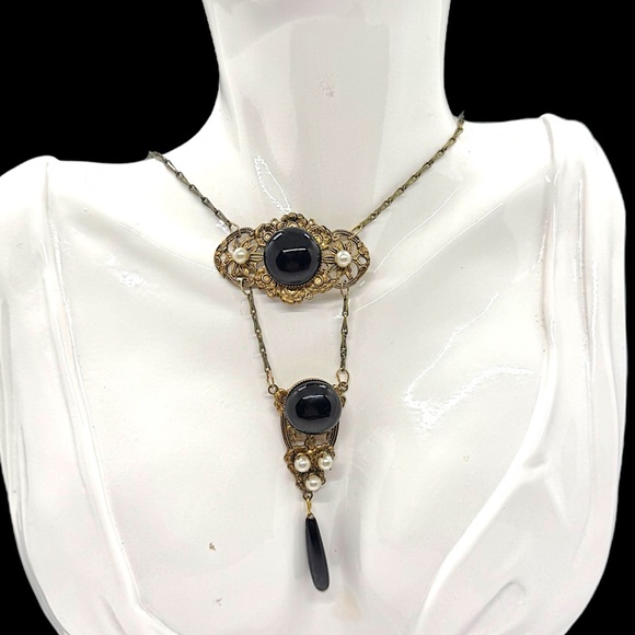 Vintage Victorian Jet Glass & Faux Pearl Drop Necklace - Picture 2 of 10